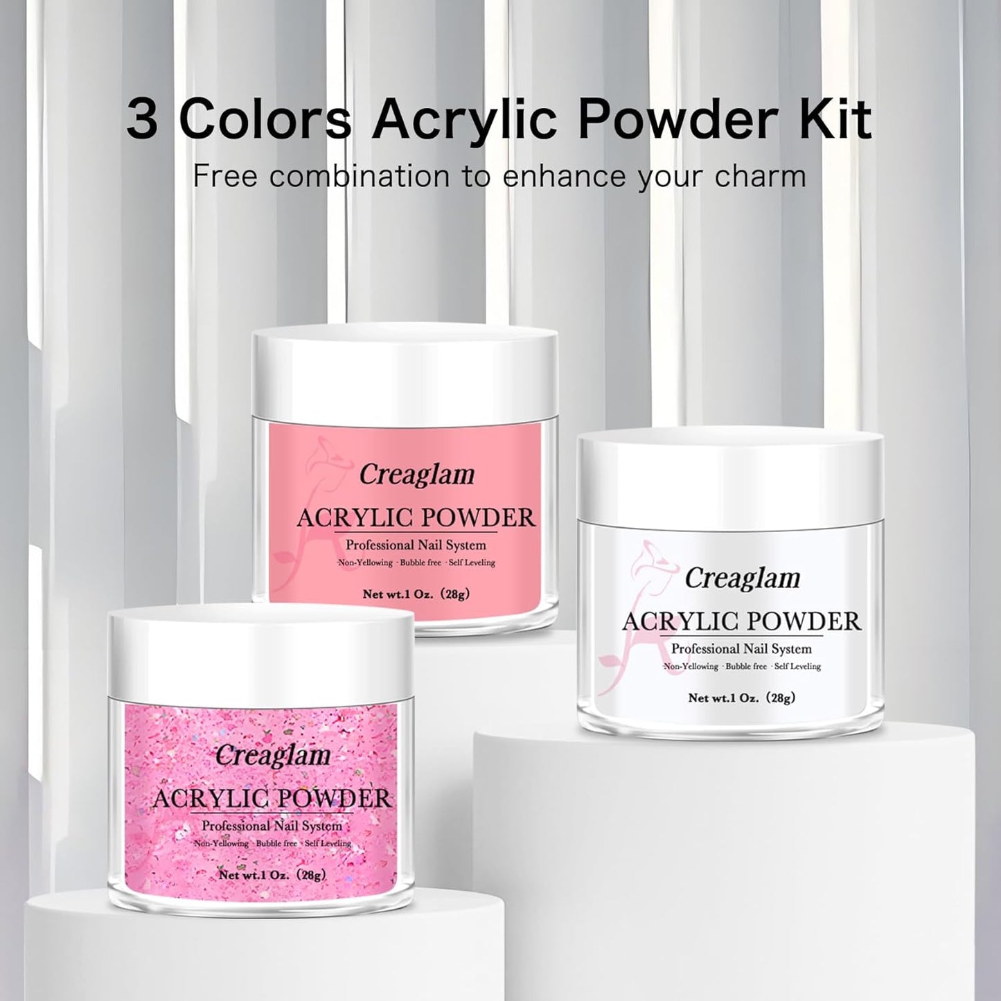 Super Acrylic Powder 28g: 3Pcs Large Capacity Pink Carnation Glitter White Nail Polymer for 3D Art Carving French Extension - 1oz. Pink Lemonade Professional Acrylic Powder No Need Lamp