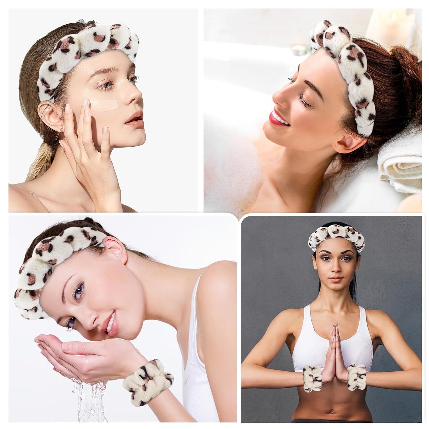 Zkptops Spa Headband for Washing Face Wristband Set Sponge Makeup Skincare Headband Wrist Plush Bubble Get Ready Hairbands for Women Puffy Headwear Non Slip Thick Thin Hair Accessory(Beige Leopard)