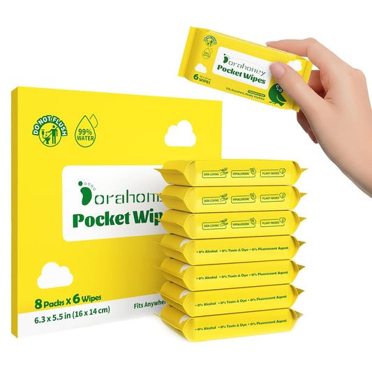 Unscented Travel Wet Wipes, 99% Purified Water Mini Wipes for Sensitive Skin, Hypoallergenic & Plastic-Free Pocket Wipes, 48 Count (8 Packs of 6)
