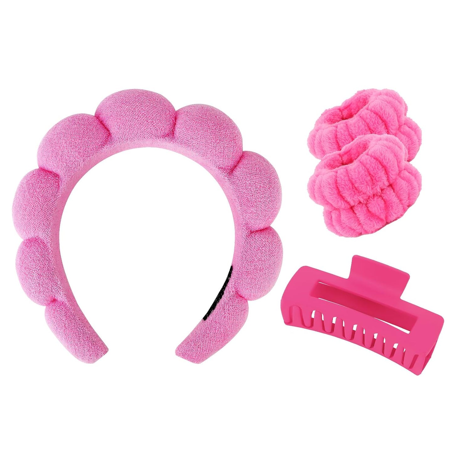 Wecoe Spa Headband And Wristband Set Valentines' Day Skincare Headband for Washing Face Hot Pink Puffy Sponge Makeup Bubble Head Band Hair Claw Clips Wrist Towels Scrunchies for Women Girls