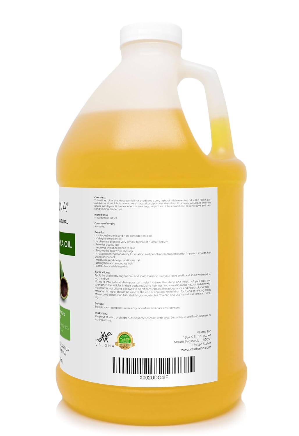 velona Macadamia Nut Oil 1 Gallon / 128 Fl Oz | 100% Pure and Natural Carrier Oil | Refined, Cold pressed | Cooking, Skin, Hair, Body & Face Moisturizing | Use Today - Enjoy Results