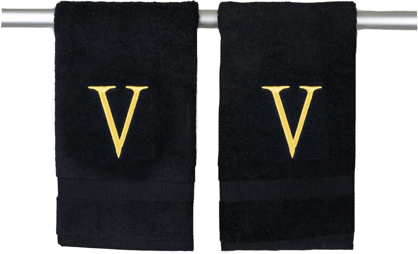 Black Initial Hand Towel for Bathroom - Monogrammed Luxury Hotel Quality Decorative Embroidered Towel for Powder Room, Spa - GOTS Organic Certified - Pack of 2, Letter V