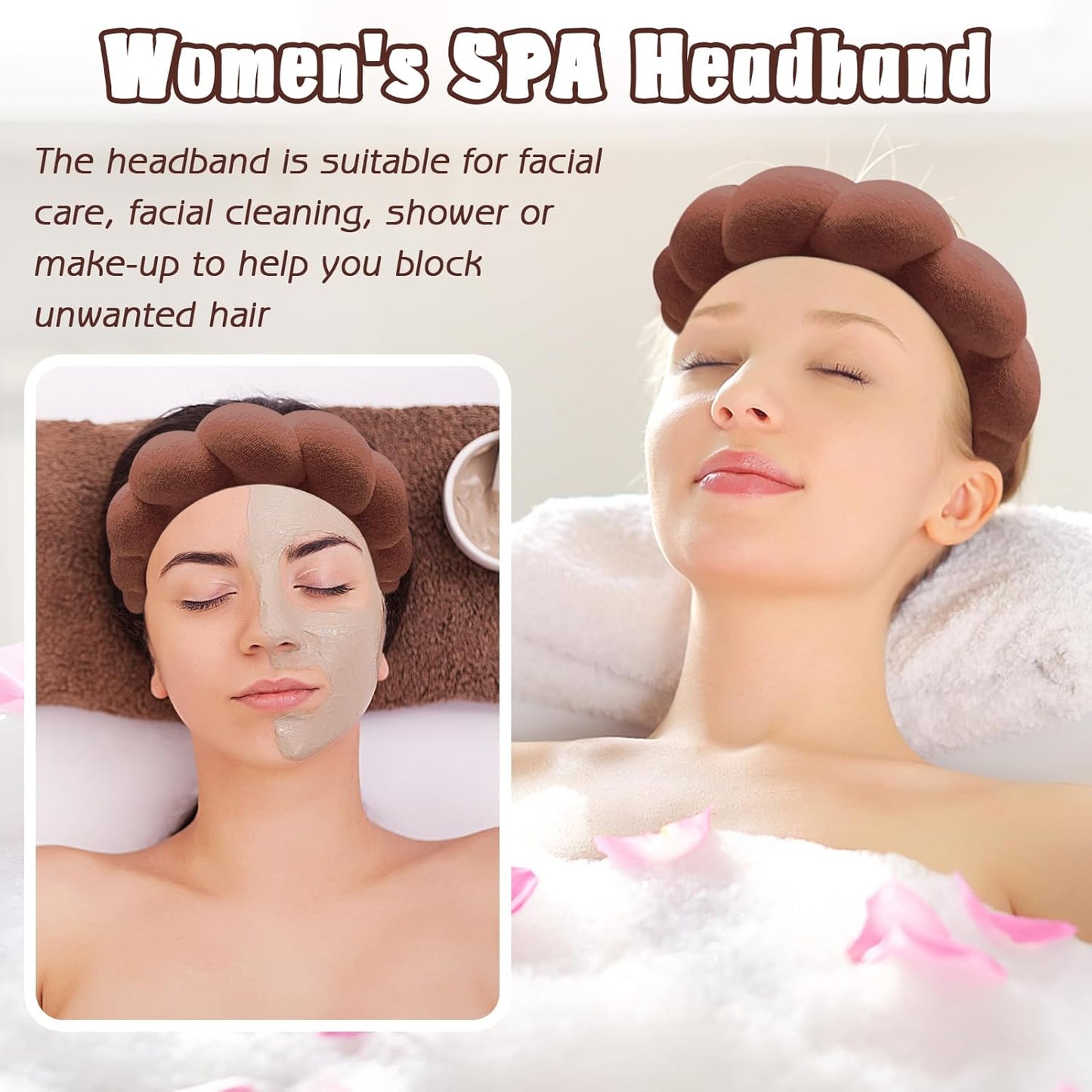 Zkptops Spa Headband for Washing Face Wristband Set Sponge Makeup Skincare Terry Cloth Bubble Soft Get Ready Hairband for Women Girl Puffy Padded Headwear Non Slip Thick Hair Accessory(Dark Brown)