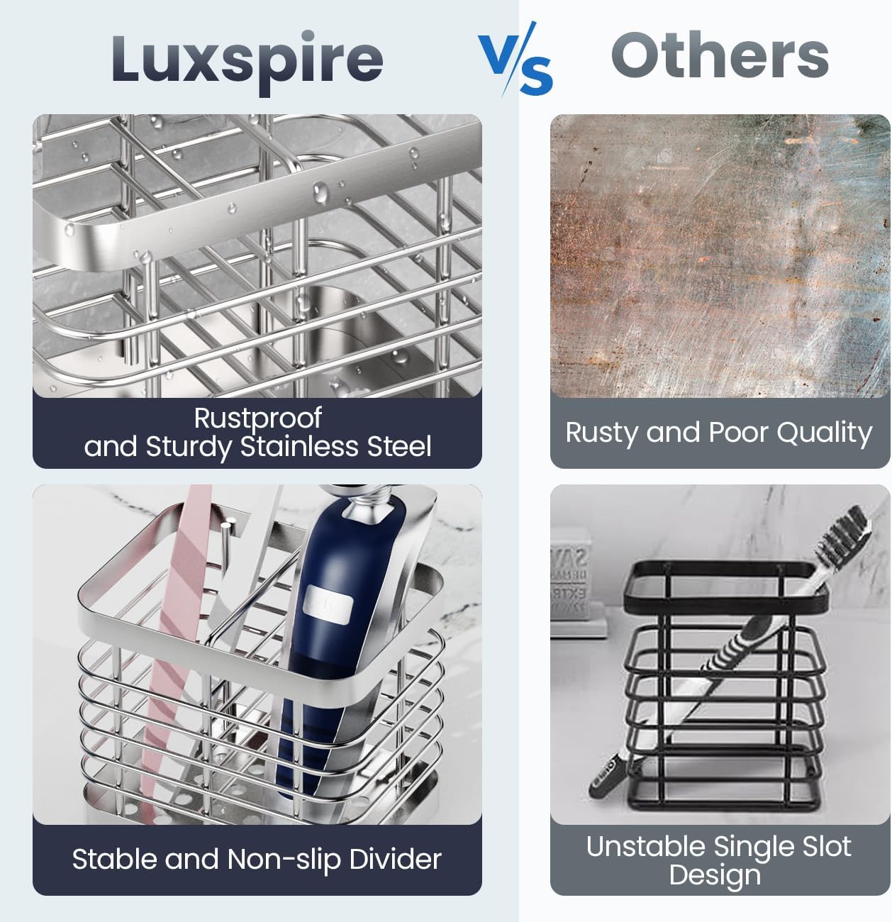 Luxspire Toothbrush Holders for Bathroom, Stainless Steel Electric Toothbrush Holder Wall Mounted, Shower Toothbrush Toothpaste Holder, Bathroom Organizer Essentials, 2 Slots, Silver