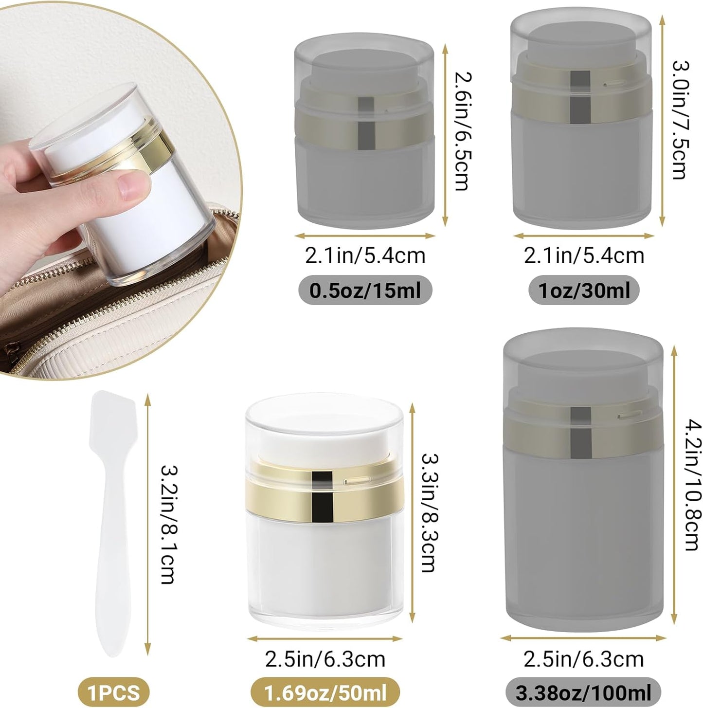 Segbeauty 50ml Airless Pump Bottles Travel, 1.7oz Airless Pump Jars Pack of 3 Gold Empty Makeup Containers Vacuum Bottle Dispenser, Refillable Jar Travel Bottles for Toiletries Moisturizer Container