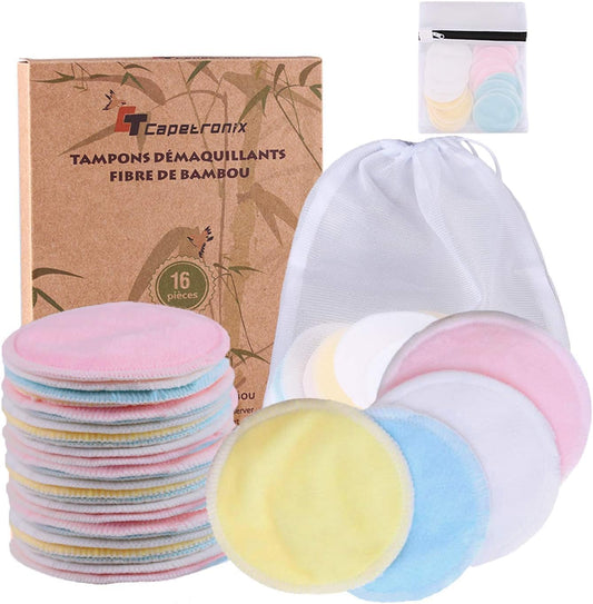 Reusable Makeup Remover Pads (16 Pack) with 2 Bags for Laundry & Storage, Reusable Bamboo Cotton Rounds, Eco-Friendly Reusable Cotton Pads for All Skin Types