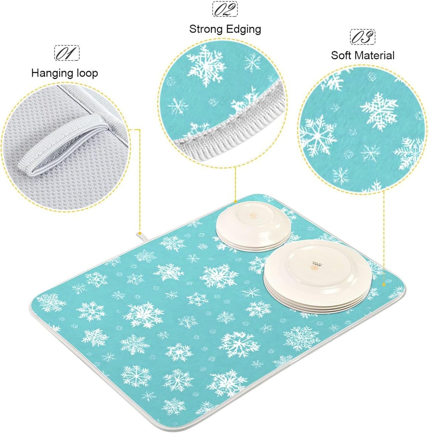 Winter Snowflake Turquoise Dish Drying Mat for Kitchen Countertop 18x24 Christmas Snow Aqua Xmas Large Drying Mat Reusable Quick Dry Dish Sink Mats Easy Clean Decorative Essentials