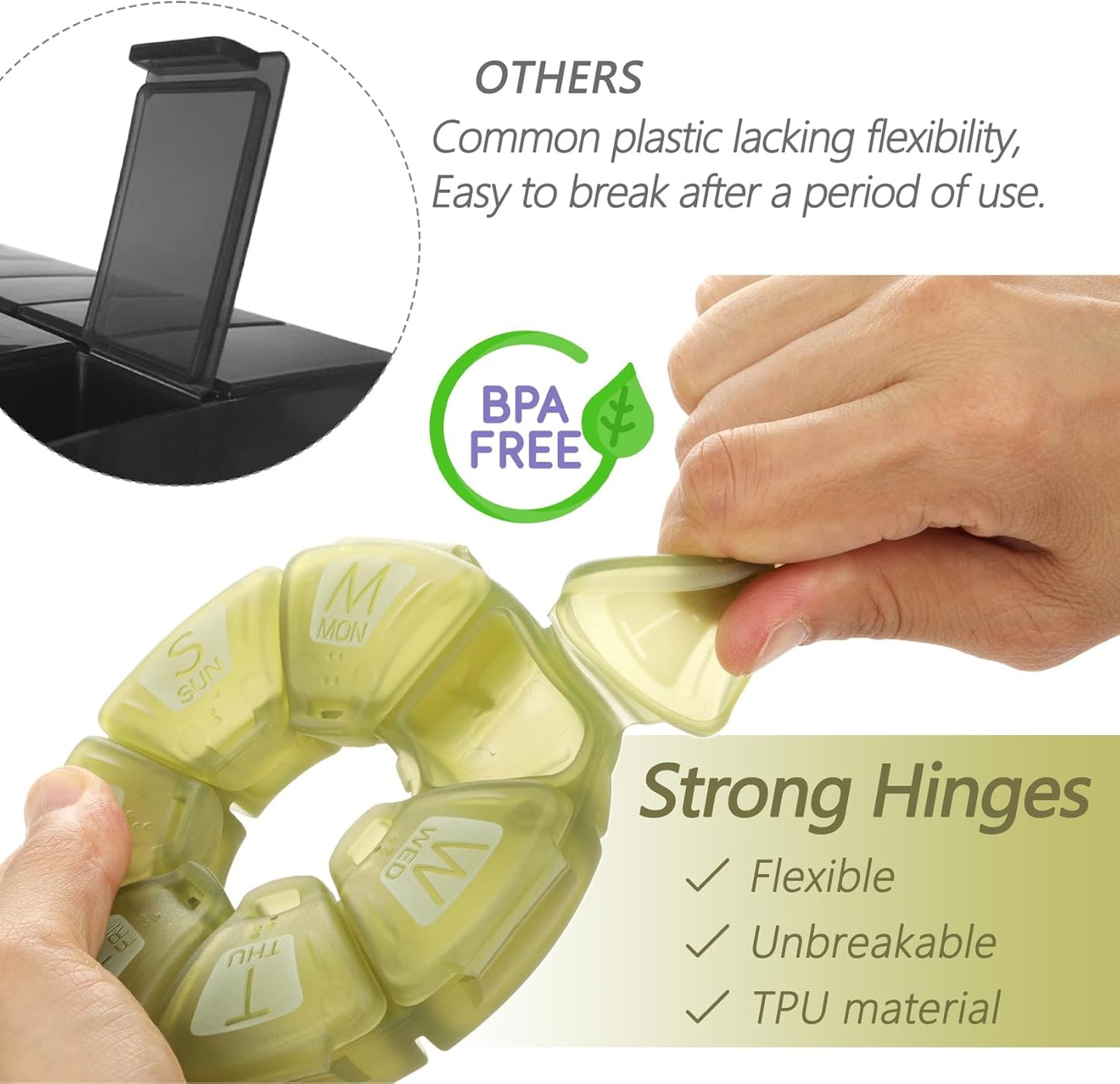 Round Weekly Pill Organizer, TPU Rubberized, Travel Pill Container 7 Day, with 7 Large Compartments, Great for Daily Vitamins & Supplements, Cute Pill Case with Large Letters and Braille (Olive)