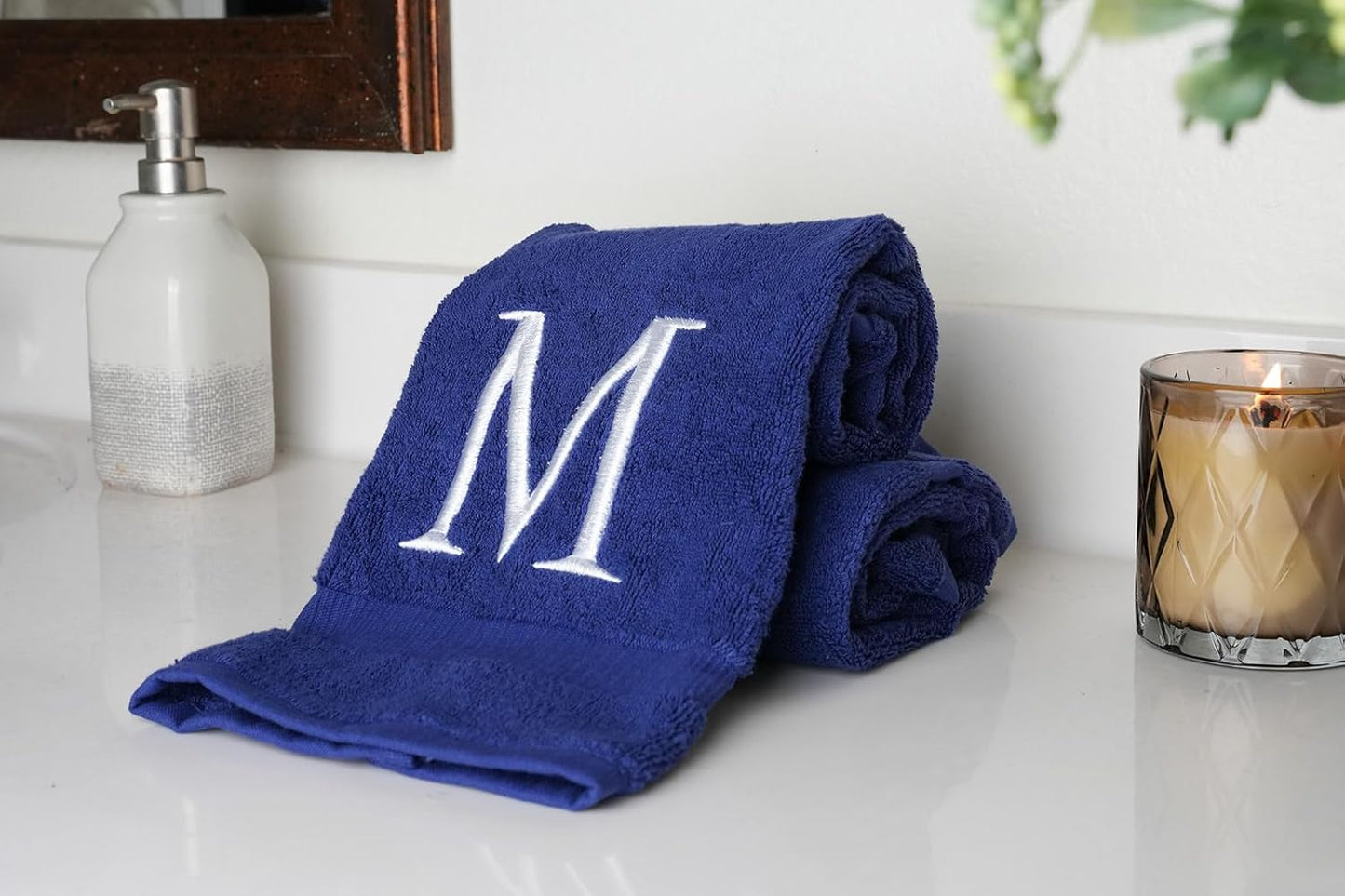 Navy Initial Hand Towel for Bathroom - Monogrammed Luxury Hotel Quality Decorative Embroidered Towel for Powder Room, Spa - GOTS Organic Certified - Pack of 2 - Letter M