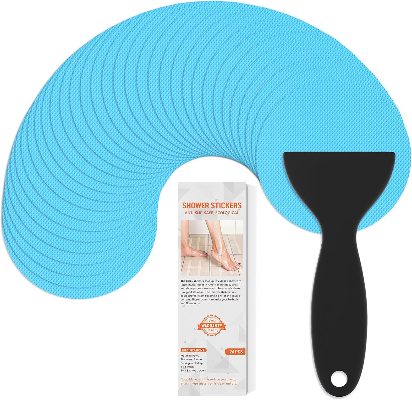 Non Slip Bathtub Stickers, 24 PCS Shower Stickers for Safety Bathroom Tubs, Bathtub Non Slip Stickers and Adhesive Decals Scraper for Bath Tub, Shower Floor, Stairs, Ladders(Round Shape, Blue)