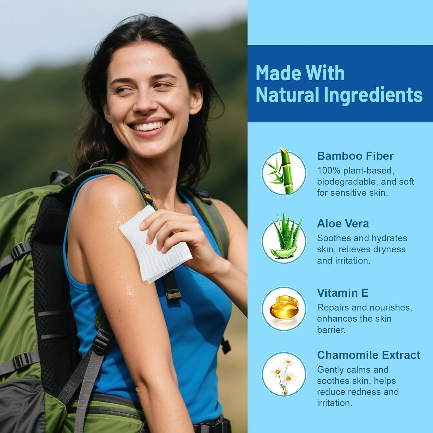 Bamboo Body & Face Wipes for Adults Bathing No Rinse, Shower Wipes 60 Count, 12"x8" Extra Thick, Verbena Scent, Biodegradable Disposable Washcloths for Travel, Elderly, Car, Gym, Camping