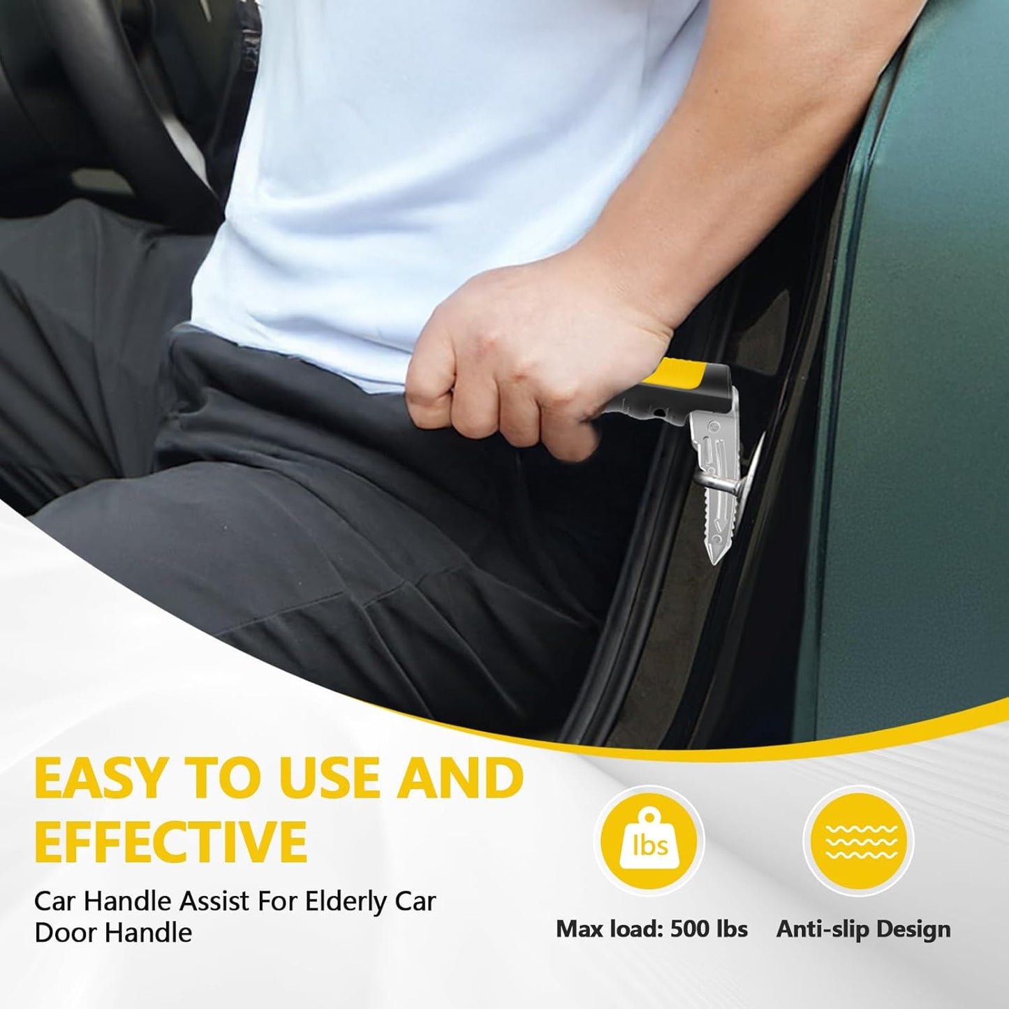 Car Door Handle for Elderly - 2025 New 3-in-1 Car Handle Assist, 2 Pack Auto Cane Portable Vehicle Support Handle Door Assist Bar, Max Load 500 Lbs, Anti-Slip Design (Yellow-1-Pack Car Handle)