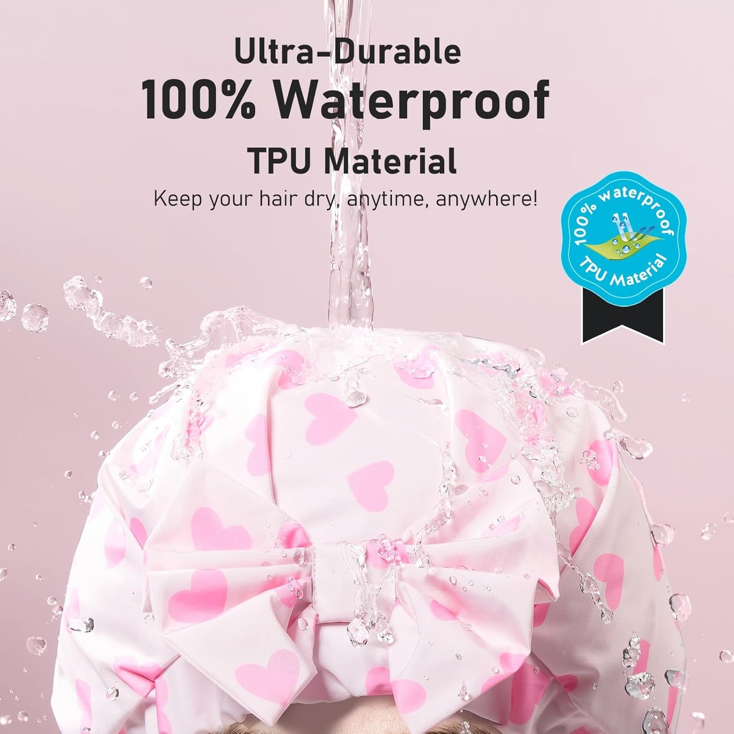 LitBear Luxury Silk Lined Shower Caps for Women Reusable Waterproof, Double Layered Large Bathing Hair Cap with Adjustable Elastic Strap, Non-slip, Quick-dry, for Long Short Hair, Pink Heart