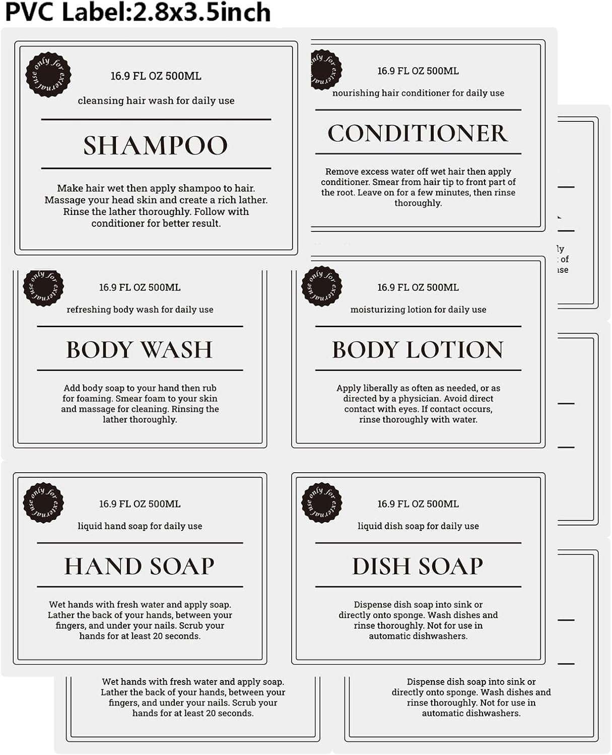 Empty Plastic Bottles with Pump Dispenser and 6pcs Labels Included, Refillable Travel Containers for Hand sanitizer Shampoo Lotion, etc - No BPA/Paraben, 500ml/16.9oz (6 Pack)