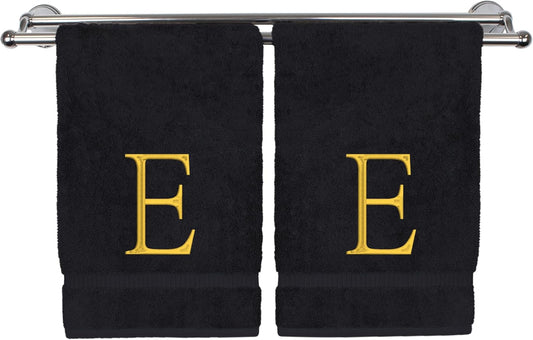 Monogrammed Hand Towel, Personalized Initial Gift, Extra Absorbent 100% Turkish Cotton - Soft Terry Finish - Set of 2 - Gold Block Initial E - Embroidered on Black Towels