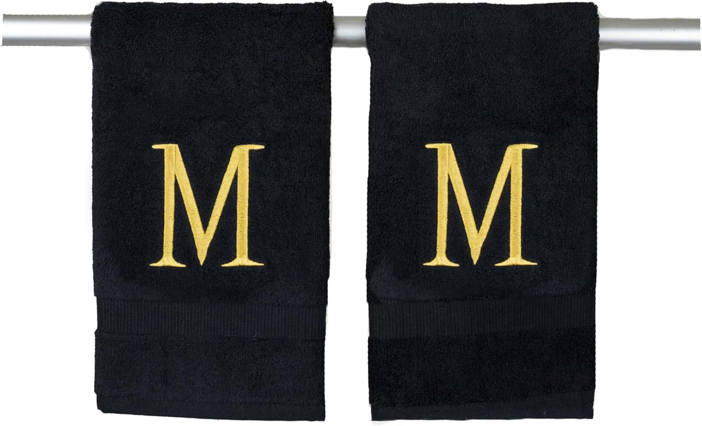 Black Initial Hand Towel for Bathroom - Monogrammed Luxury Hotel Quality Decorative Embroidered Towel for Powder Room, Spa - GOTS Organic -Certified - Pack of 2 - Letter M