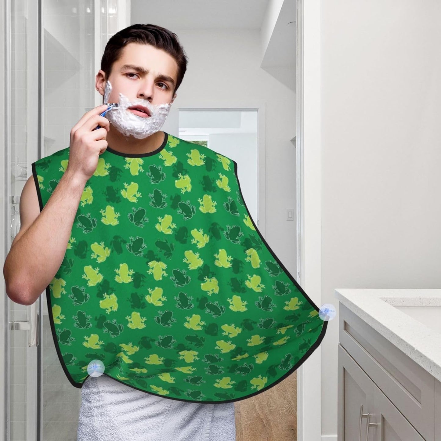 Beard Grooming Cape, Waterproof Hair Catcher for Shaving Trimming, Non-Stick Bib Apron Gifts for Dad Men, Animal Frogs Green Shave Bib