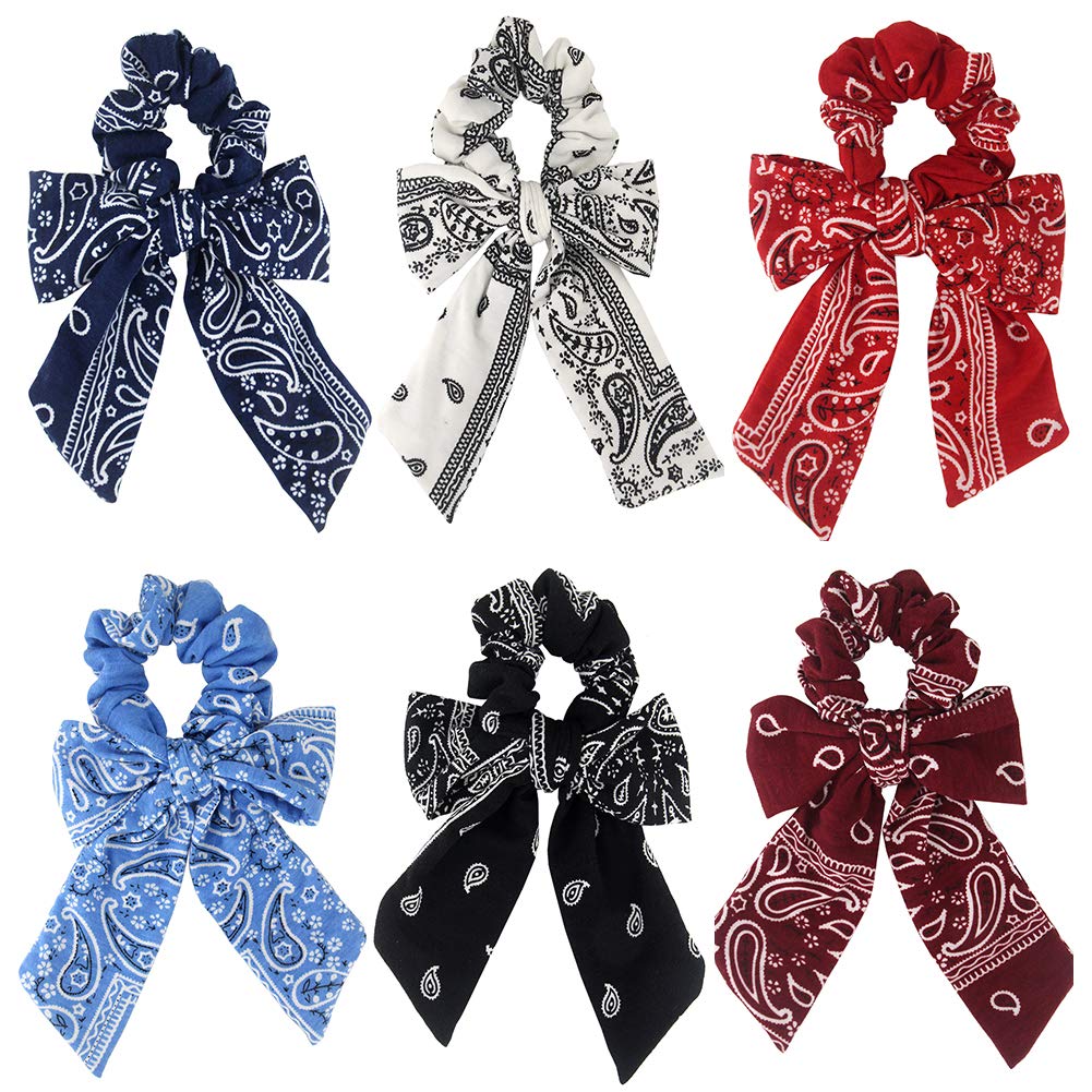 Paisley Hair Scrunchies with Bow Hair Scarves Scrunchy Ponytail Holder Elastics Hair Bands Ribbon Hair Tie for Women Girls with 6PCS