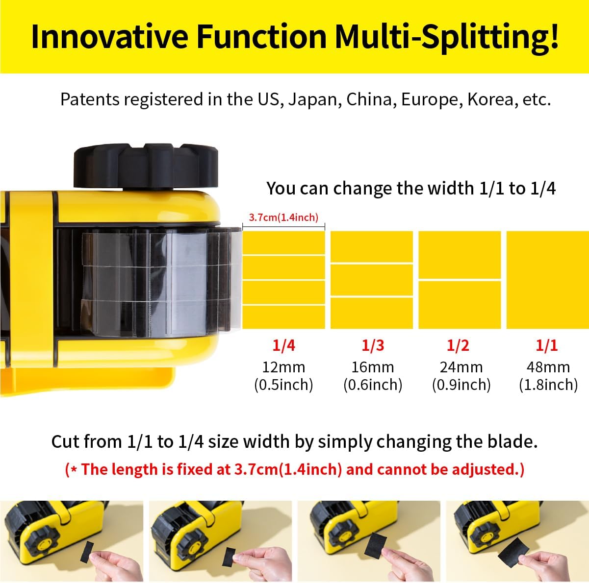 [TENDO°] Multi-Section Tape Dispenser ZO-508: Innovative Cutter for Custom Tape Width (Yellow)