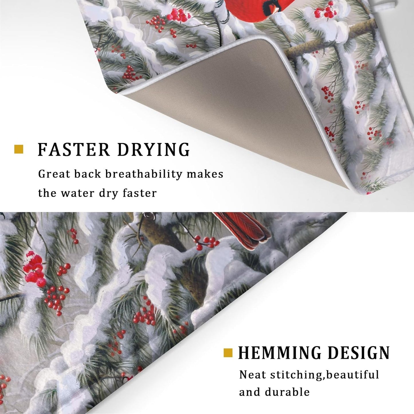 Red Birds Dish Drying Mat Winter Berry Dish Drainer Mats Absorbent Reversible Microfiber Kitchen Countertop Protector Dishes Pad 18x24 inch