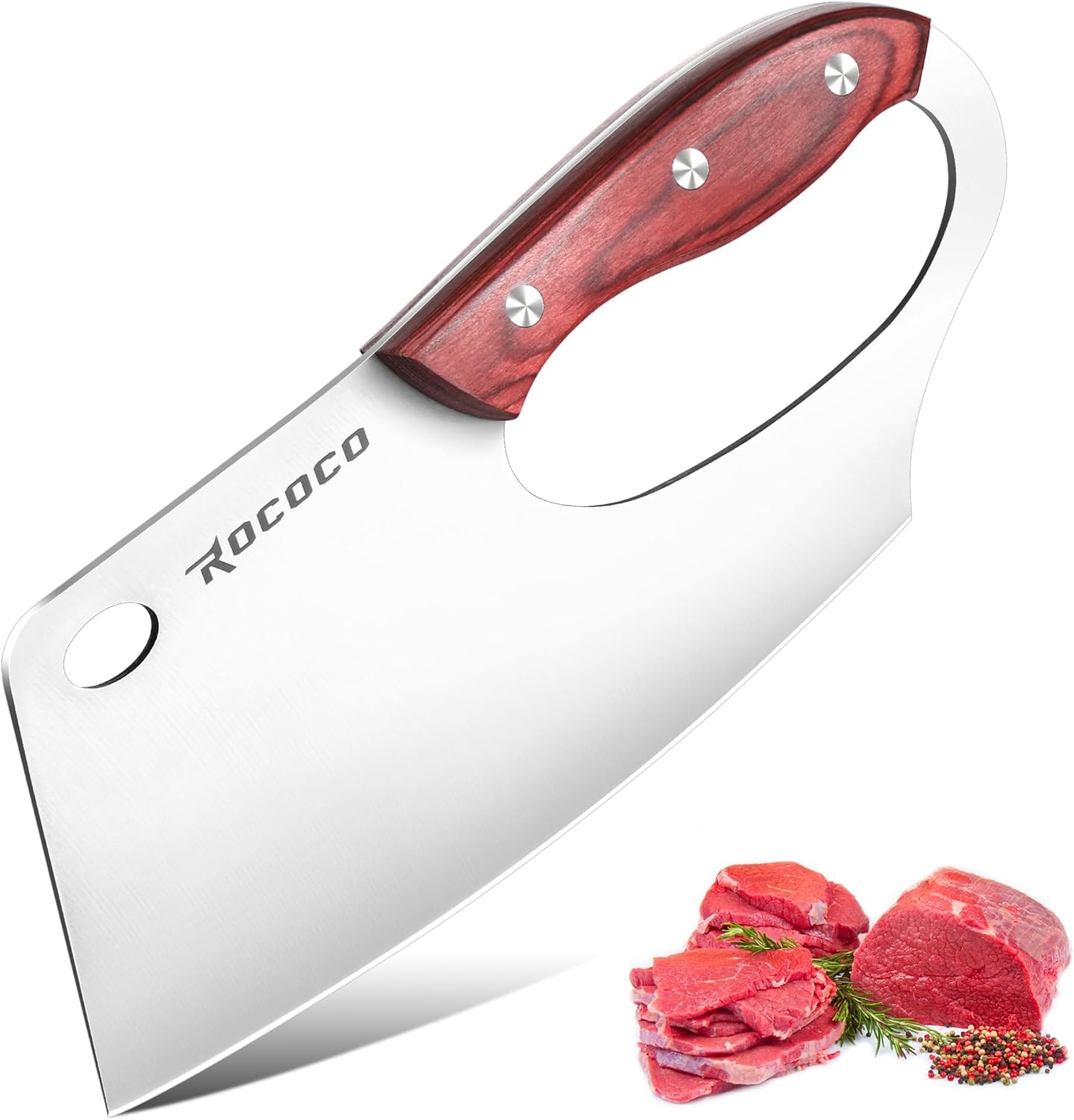 ROCOCO Meat Cleaver Knife Unique Effort Saving Professional Stainless Steel Kitchen Chef Cooking Knives for Cutting Meat Vegetable Thanksgiving Christmas Gift Red Full Tang 7.48"