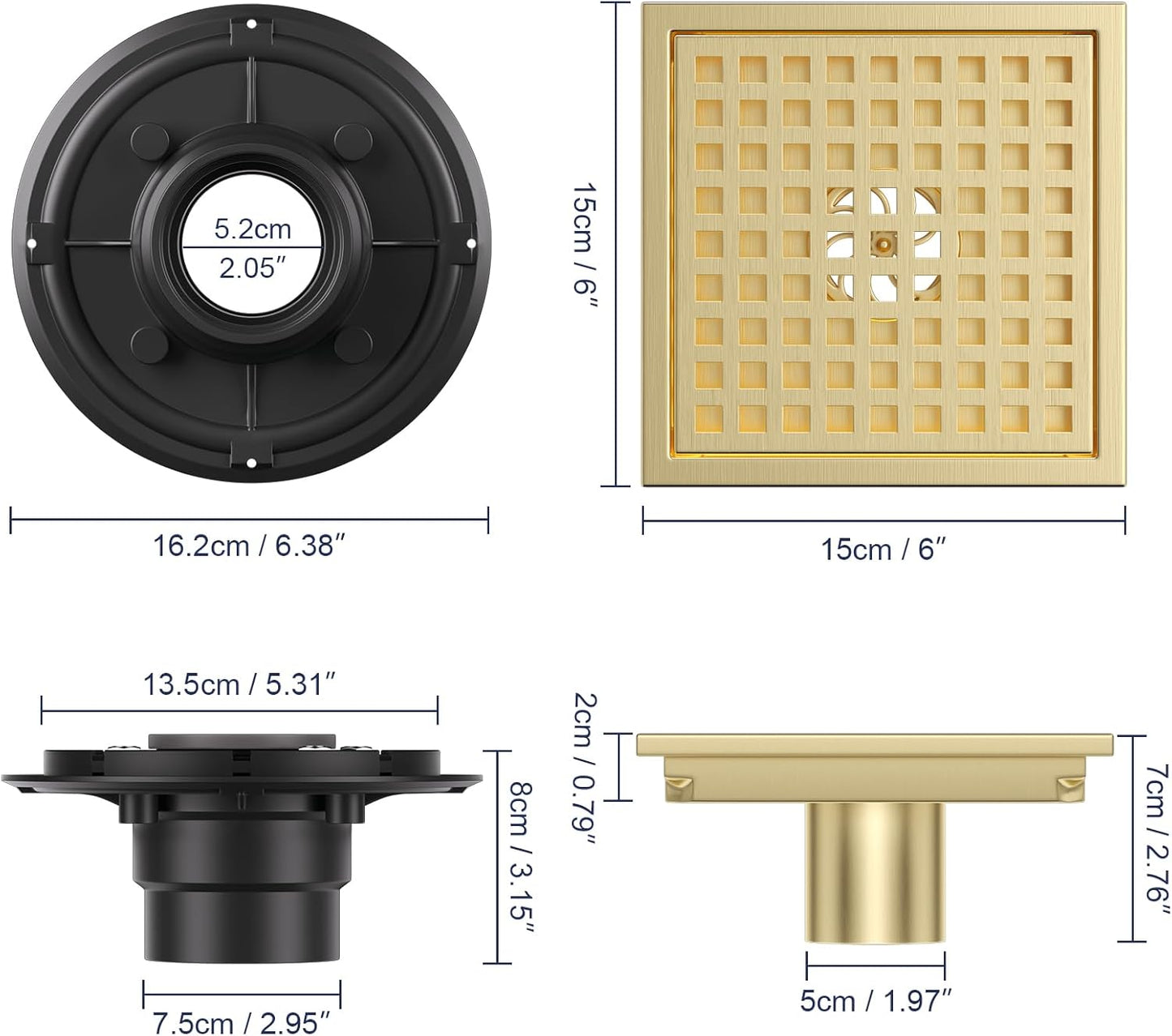 Square Shower Floor Drain with Flange, 6 Inch Brushed Gold Shower Drain Hair Catcher, SUS304 Stainless Steel Floor Drain Strainer, Shower Drain Cover