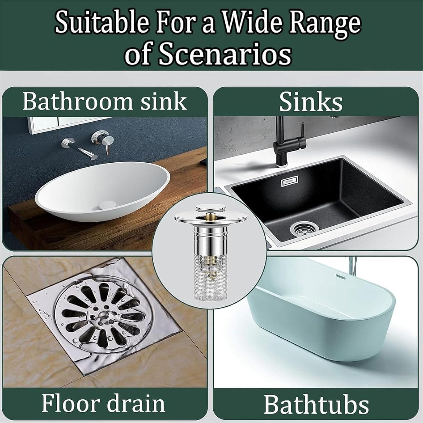 Conceptan Drain Stopper, Bathroom Sink Stopper Hair Catcher, Sink Plug Hair Trap, Bathtub Drain Stopper, Universal Pop up Stainless Steel Floor Drains Filter, Fits Bathroom, Laundry Sink Drains (3pcs)