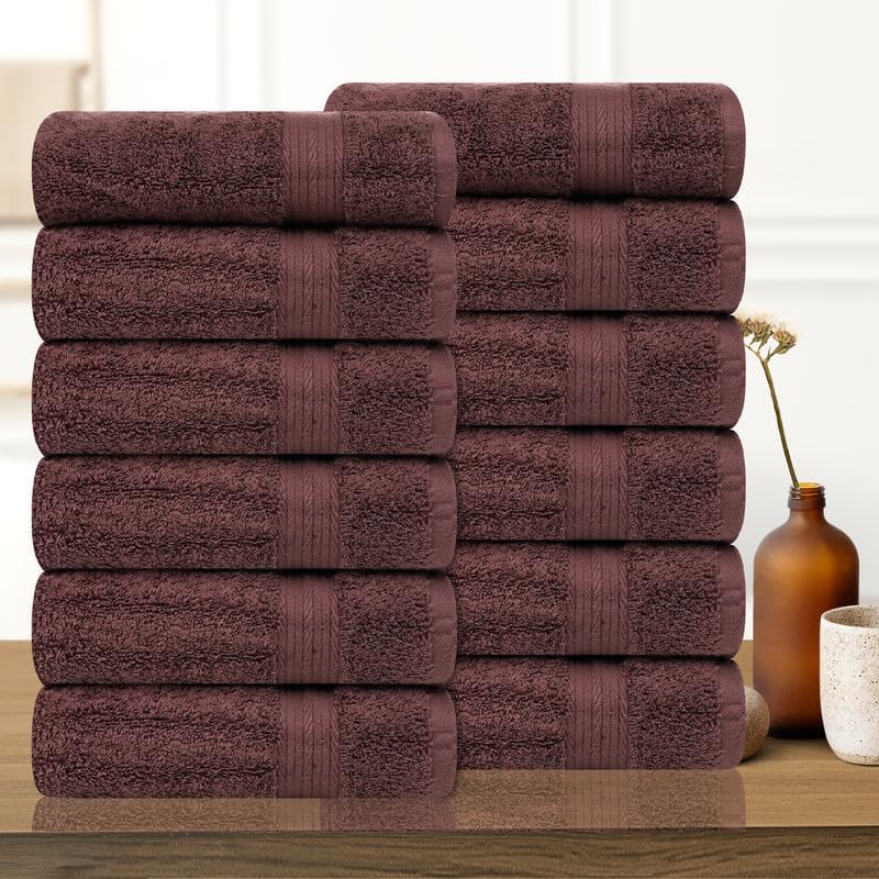 Ample Decor Hand Towel 18 X 28 Inch Pack of 12 600 GSM 100% Cotton,Oeko Tex Certified Soft Absorbent Thick Durable Premium Quality, for Hotel, Bathroom,Spa, Daily Use,Gym-Machine Washable-Brown