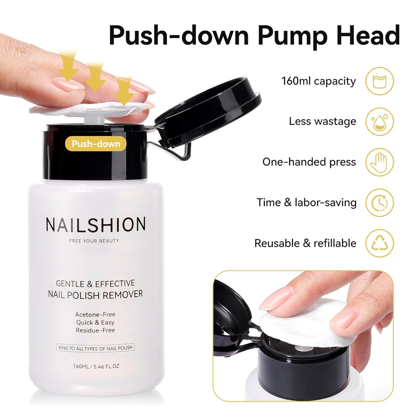 Nail Polish Remover, Non-acetone Fingernail Polish Remover Built-in Push-Down Pump, No Toxic, Rich in VE Non-Drying, 5-10s Fast Gentle Removal for Regular Nail Polishes, 5.46 fl. oz