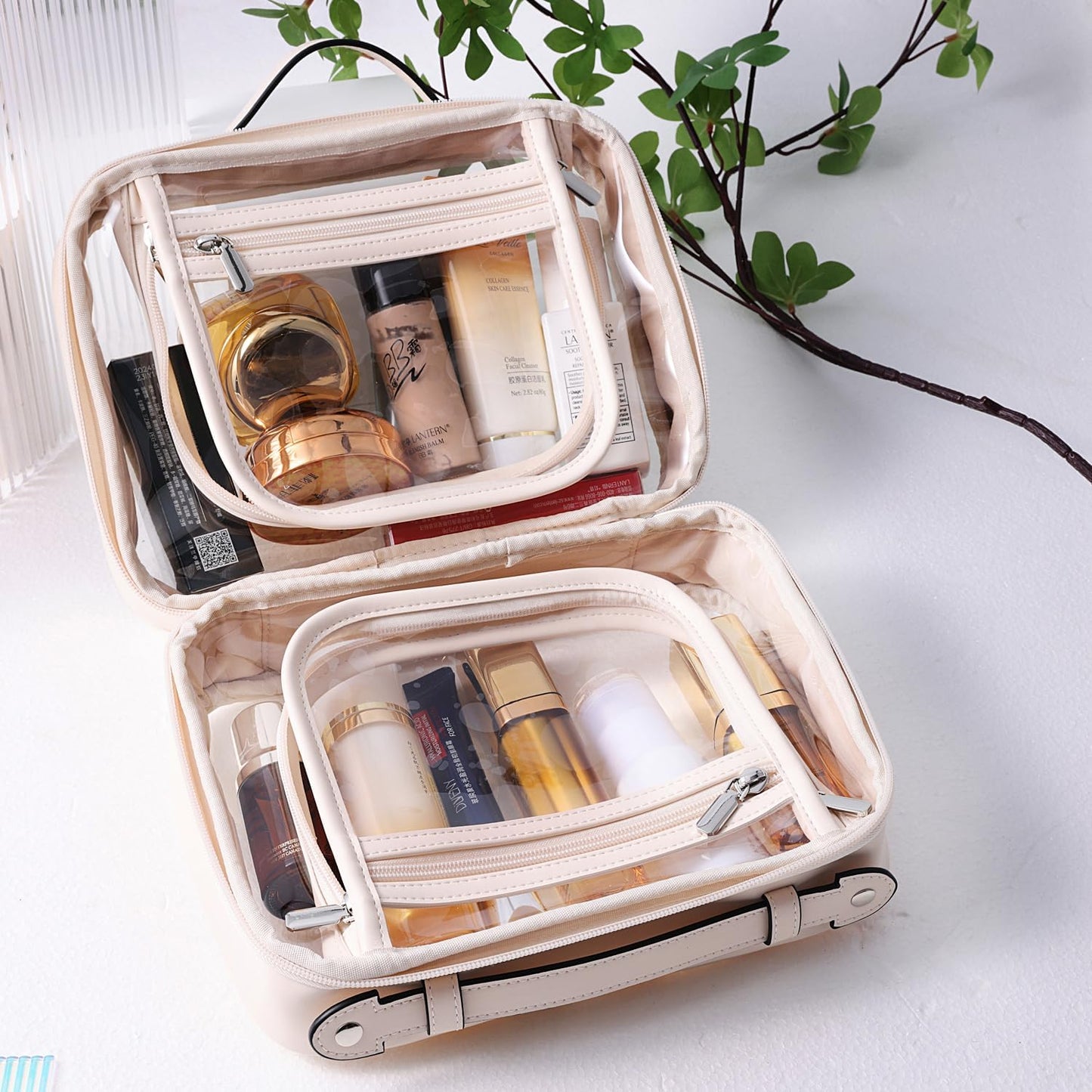 SANHECUN traveling toiletry Case large clear cosmetics case makeup bag Dimensions | LxWxH:10” x 4.5” x 7.5”(Beige, Medium)