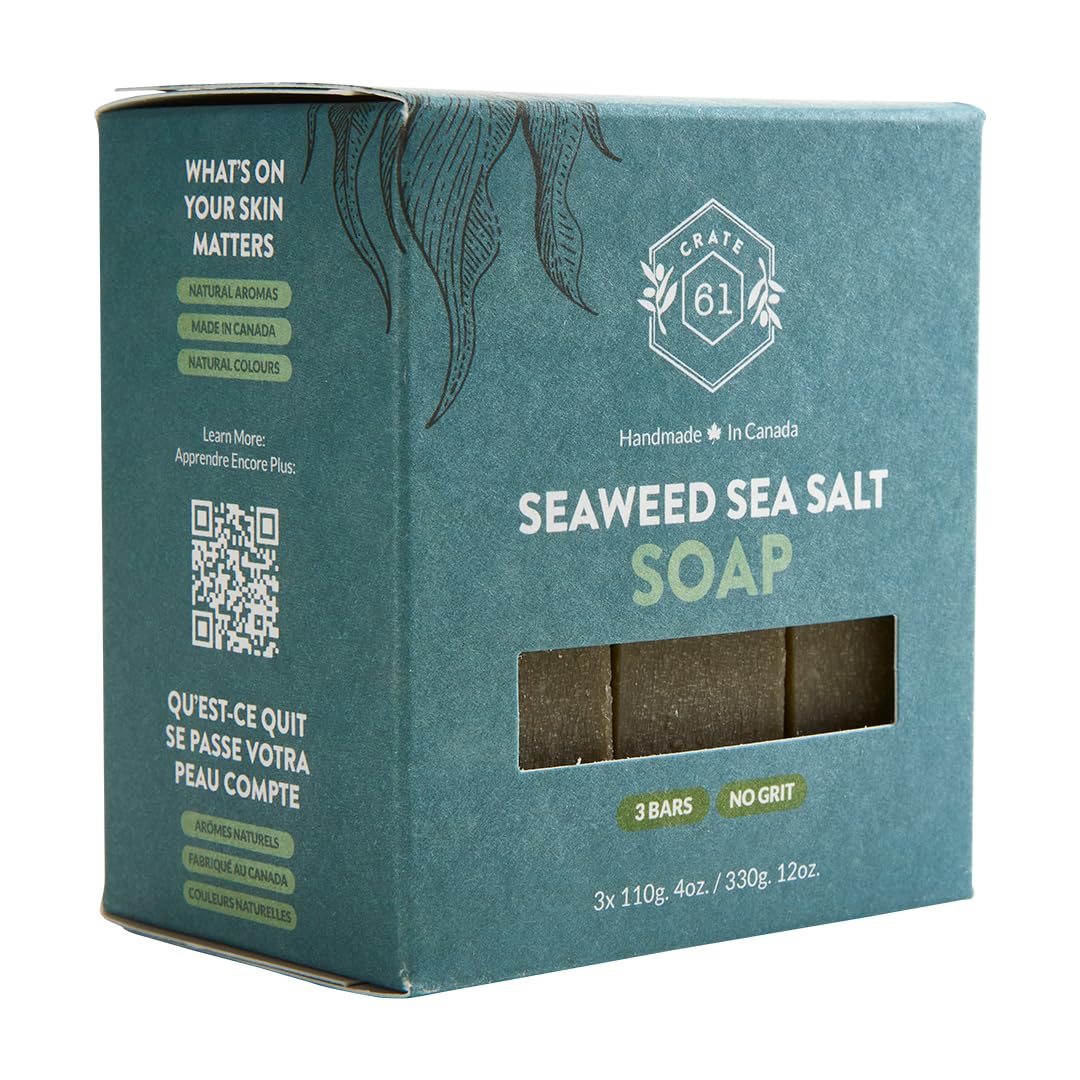 Crate 61 Organics, Handmade in Canada, Plant Based Cold Process Natural Bar Soap For Face & Body, With Premium Essential Oils, For Men And Women 3 Pack (Seaweed and Sea Salt)
