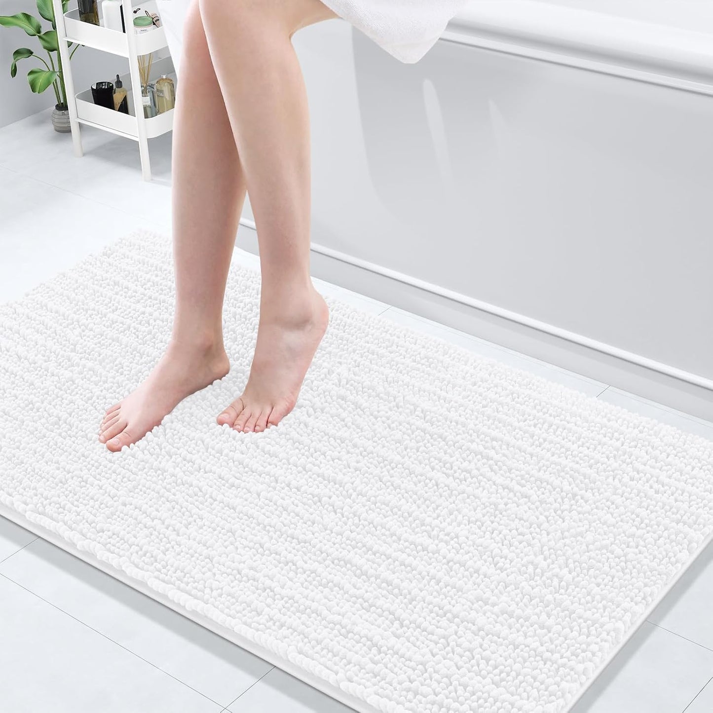 Arotive Luxury Chenille Bathroom Rug Mat, Extra Soft Thick Absorbent Shaggy Bath Rugs, Non-Slip Machine Wash Dry, Plush Bath Mats for Bathroom, Shower and Tub, 54x24, White