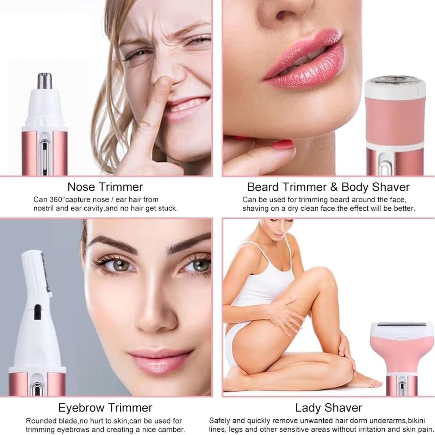 4-in-1 Electric Razor for Women - Painless Facial Hair Removal, Bikini Trimmer, Eyebrow & Body Groomer - Rechargeable Hair Clippers Set for Underarms, Legs & Nose