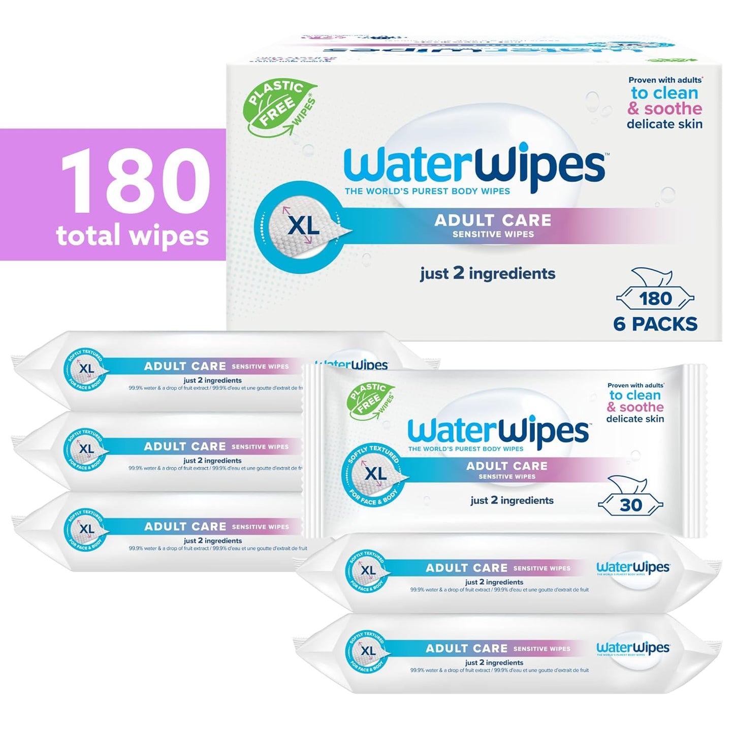WaterWipes Sensitive+ Body & Intimate Wipes, 3-In-1 Cleans, Cares, Protects, 99.9% Water, Unscented & Hypoallergenic Hygiene Wet Wipes, Adult Care,180 Wipes (6 Packs)