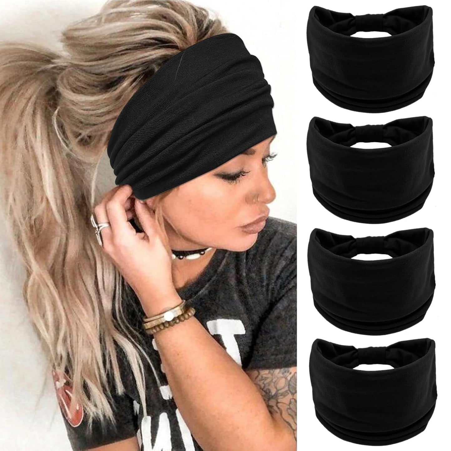 Wide Boho Headbands for Women Fashion Knotted Headband Yoga Workout Hair Accessories African Head Wrap Black 4 Pack