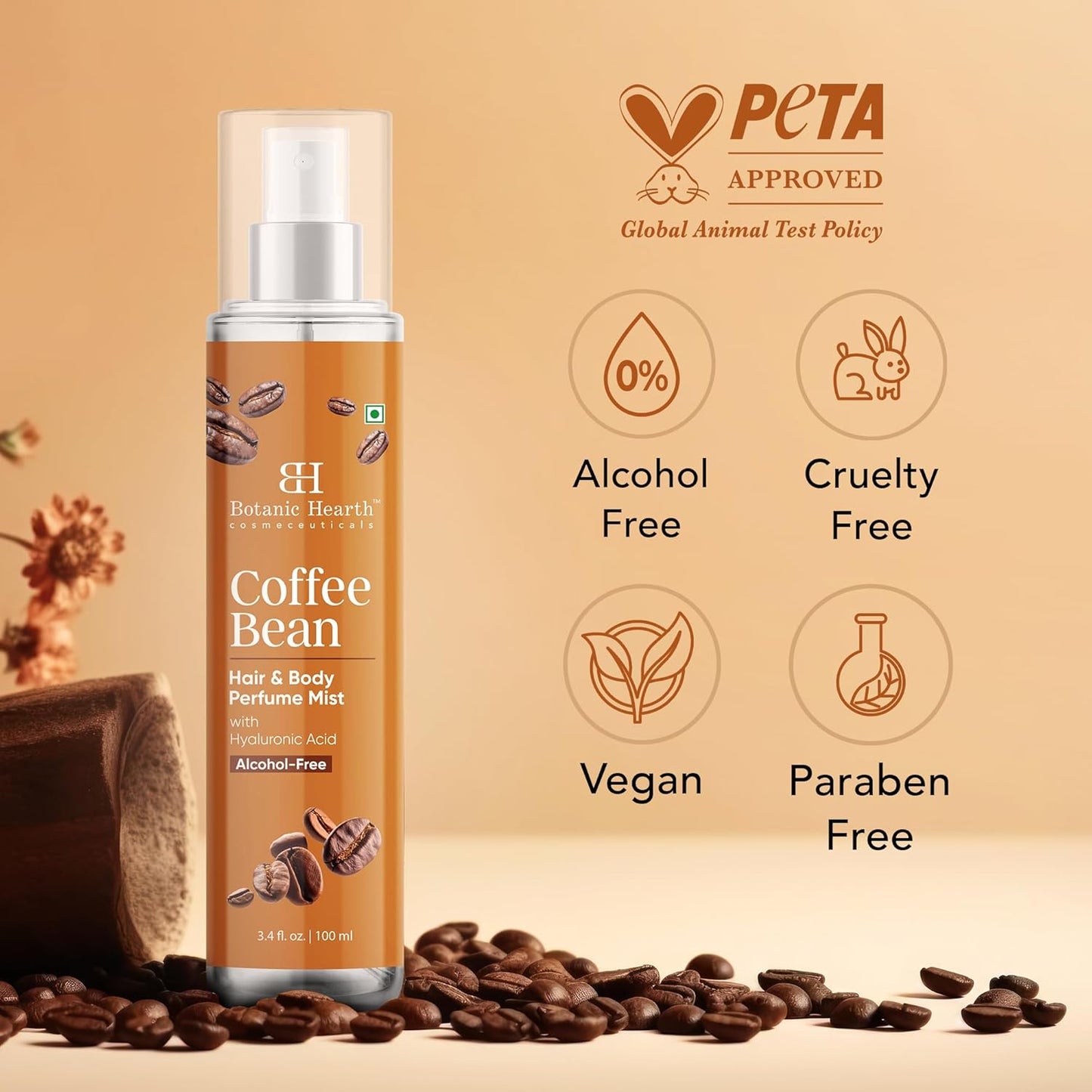 Botanic Hearth Coffee Bean Hair & Body Perfume Mist with Hyaluronic Acid – Alcohol-Free Body Spray for Long Lasting Fragrance & Hydration – Refreshing Coffee Scent, 3.4 fl oz / 100 ml