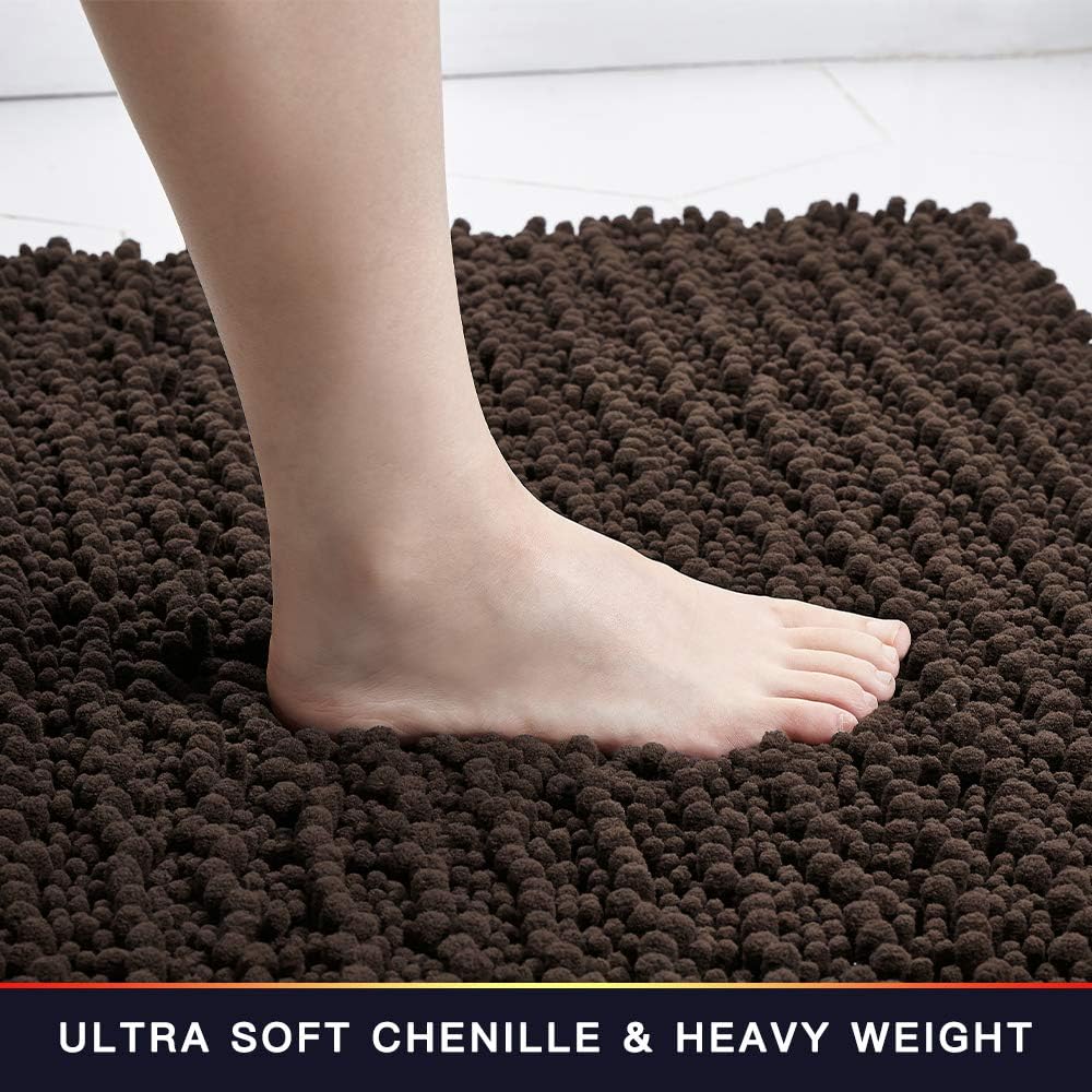 Walensee Large Bathroom Rug Non Slip Bath Mat (24x60 Inch Brown) Water Absorbent Super Soft Shaggy Chenille Machine Washable Dry Extra Thick Perfect Absorbant Best Plush Carpet for Shower Floor