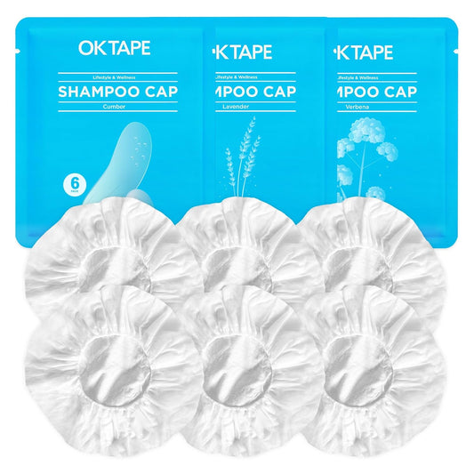 OK TAPE No Water Shampoo Caps (6 Pack) 3 Scents, Rinse Free Shower Cap for Elderly, After Surgery, Camping, Shampoo and Conditioner Hair Wash Cap (Lavender, Verbena and Cucumber Scents)