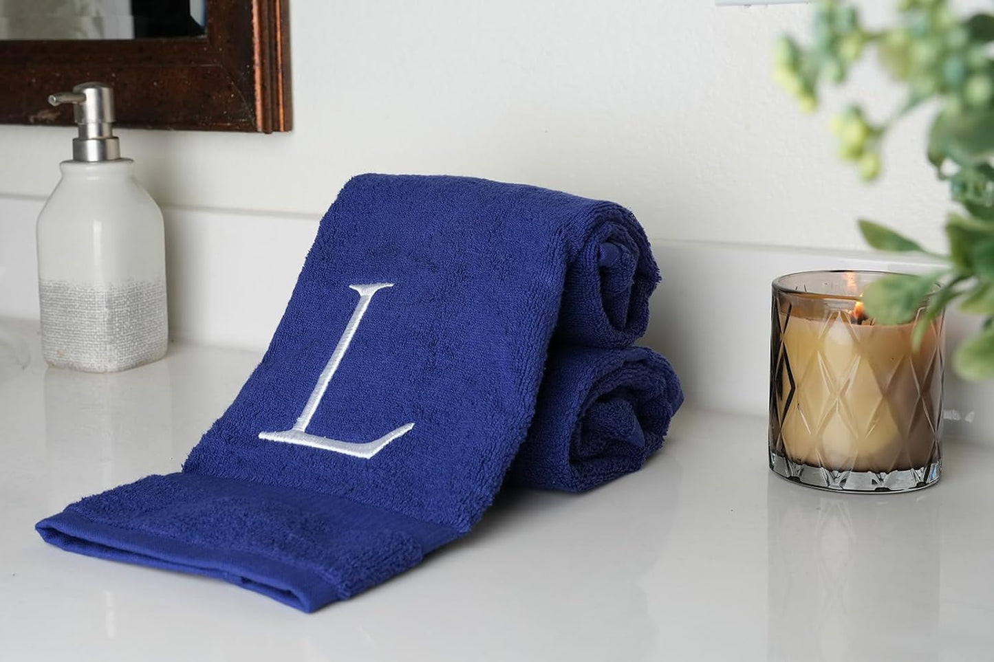 Navy and White Bathroom Hand Towel - Monogrammed Luxury Hotel Quality Decorative Embroidered Towel for Powder Room, Spa - GOTS Organic Certified - Pack of 2, Letter L