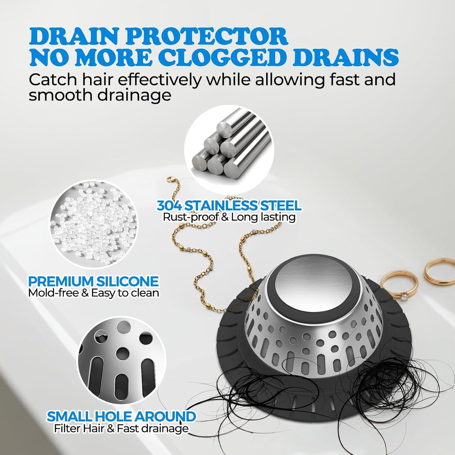 zaa Drain Hair Catcher - Bathtub Drain Cover, Hair Stopper for Bathtub Drain, 304 Stainless Steel Drain Protector and Hair Trap for Flat & Pop-up Drains, Silver Black