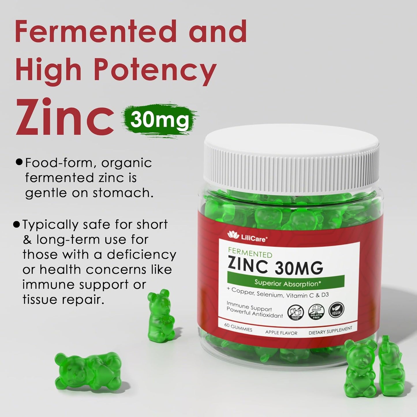 Zinc Gummies + Copper, Selenium, Vitamin C & D3, Fermented Zinc Supplements for Women and Men with Elderberry for Daily Immune Support, Powerful Antioxidant, High Absorption, Vegan, Sugar Free, 60 Cts