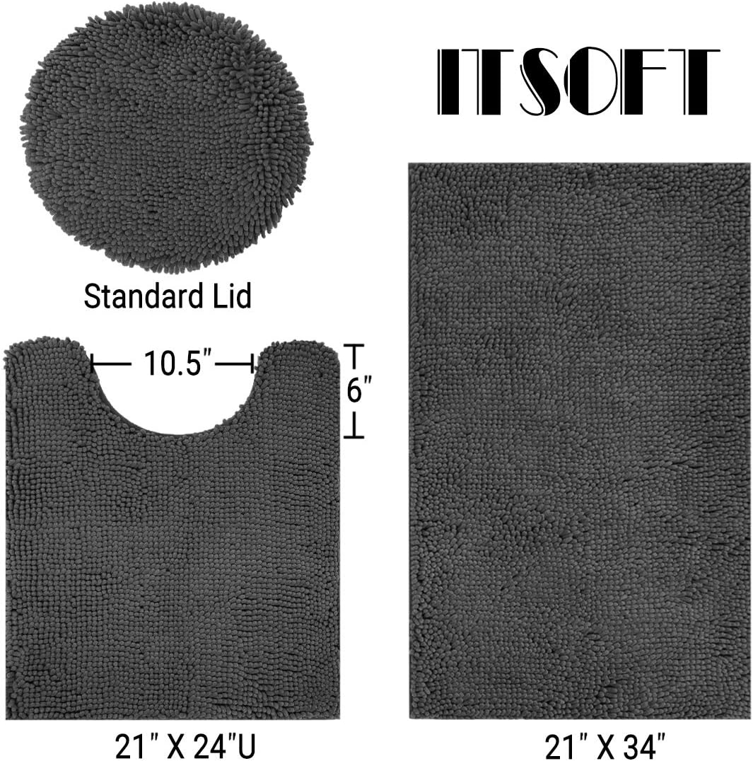 ITSOFT 3pc Non-Slip Shaggy Chenille Bathroom Mat Set, Includes 24 x 21 Inches U-Shaped Contour Toilet Rug, 34 x 21 Inches Bathmat and 1 Toilet Lid Cover, Charcoal Gray