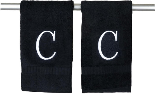 Black Initial Hand Towel for Bathroom - Monogrammed Luxury Hotel Quality Decorative Embroidered Towel for Powder Room, Spa - GOTS Organic Certified - Pack of 2 - Letter C