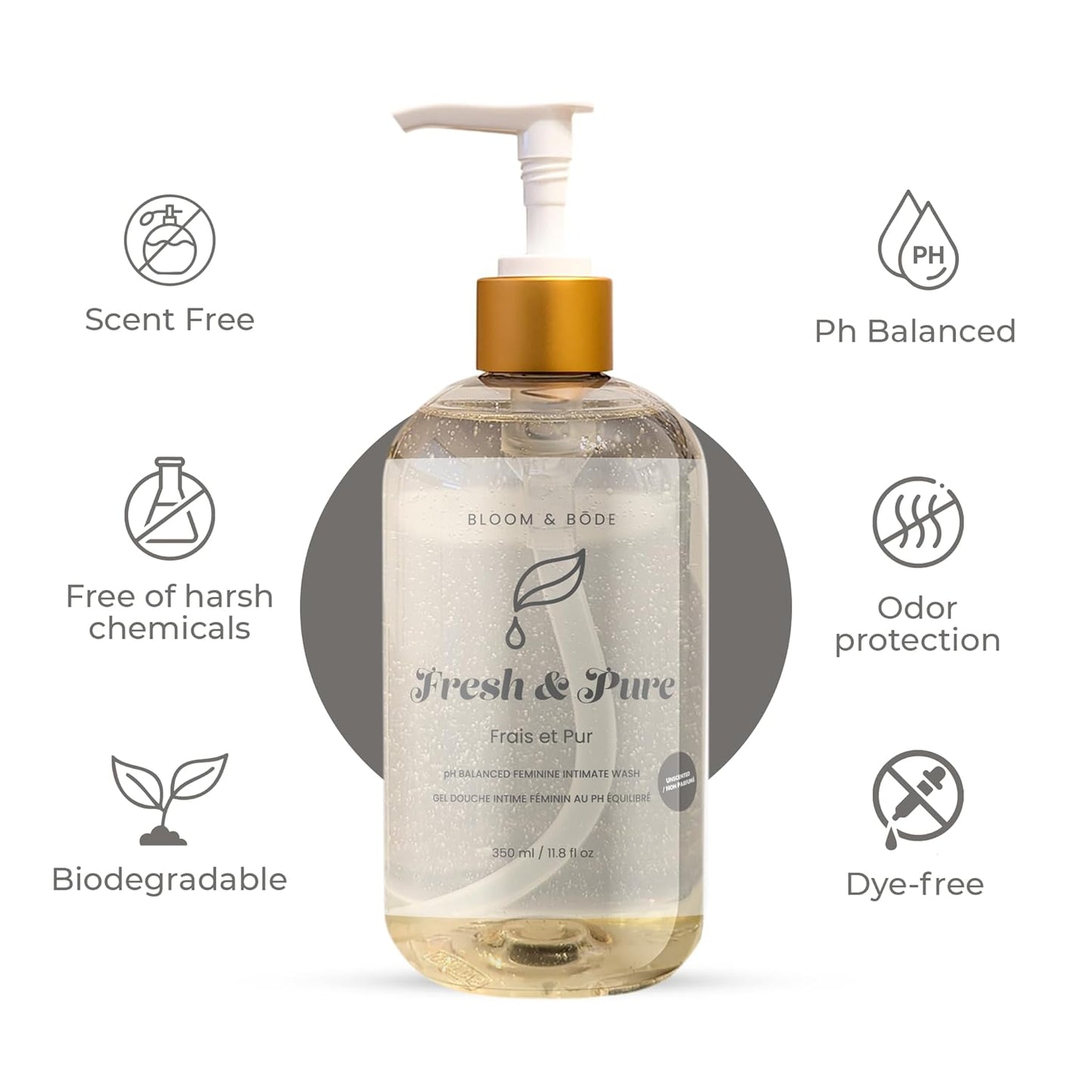 Bloom & Bōde Unscented Premium Feminine Intimate Wash - pH Balanced Feminine Wash - Ultra Mosturizing Intimate Wash With Aloe Vera - Fresh & Pure Scent (Unscented), 350ml / 11.8 fl oz