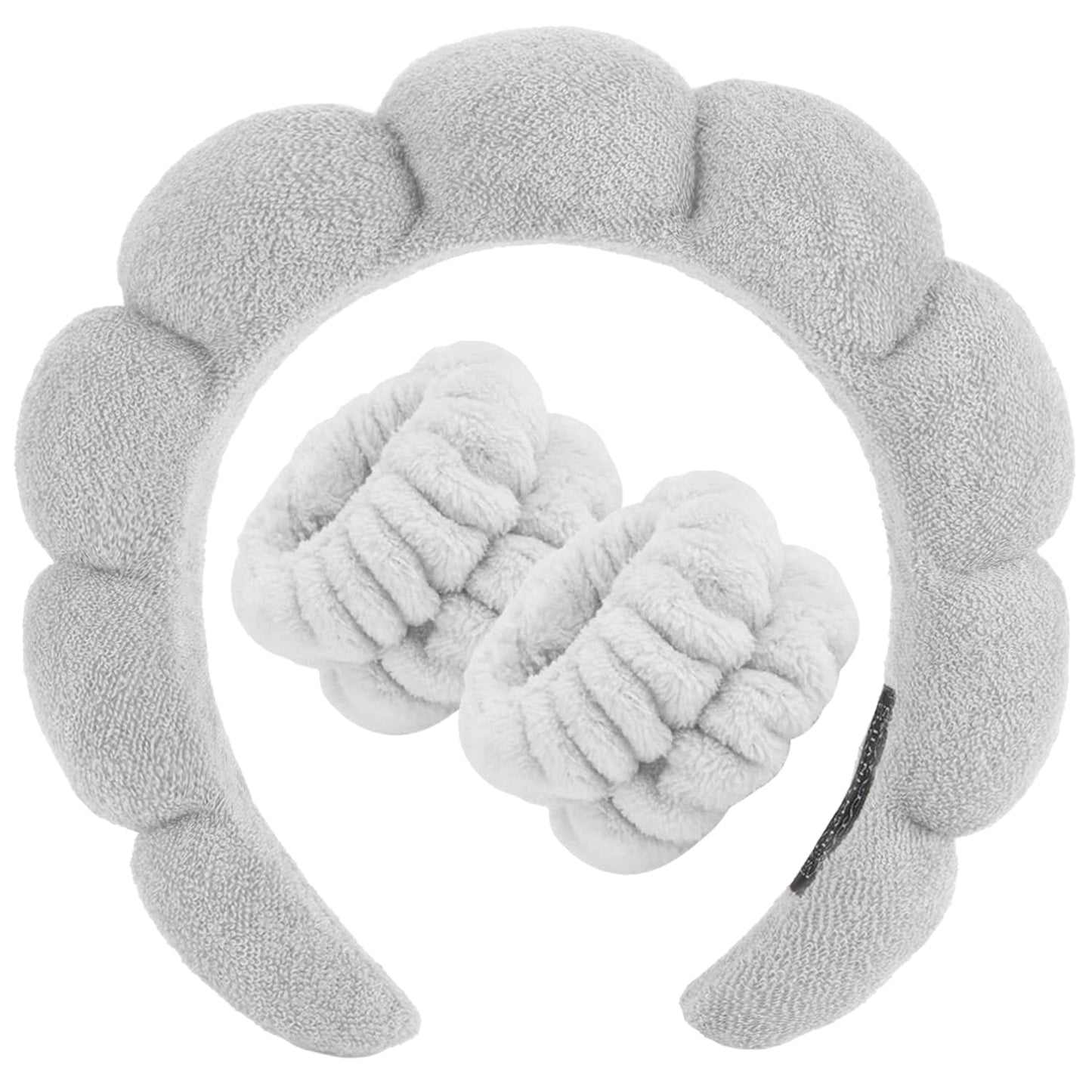 Zkptops Spa Headband for Washing Face Wristband Set Sponge Makeup Skincare Terry Cloth Bubble Soft Get Ready Hairband for Women Girl Puffy Padded Headwear Non Slip Thick Hair Accessory(Grey-2)
