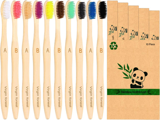 Virgin Forest 10 Count Bamboo Toothbrush, Soft Bristle for Adults, Eco Friendly Natural Wooden Toothbrushes, Vegan Organic Bamboo Travel Tooth Brush (10 Colors)