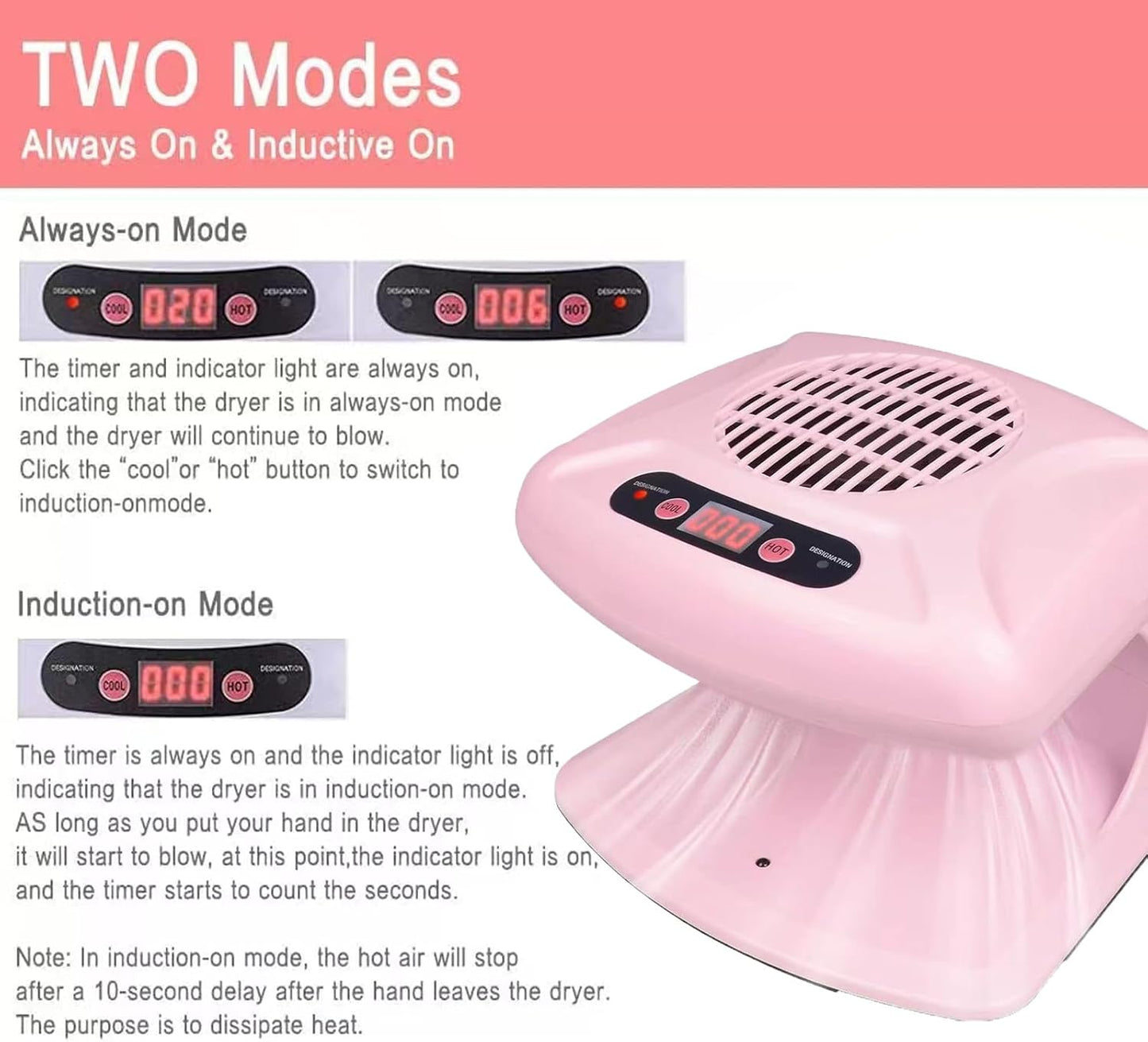 Nail Dryer for Regular Polish 300W 2 in 1 Nail Drying Fan with Auto Sensor Hot and Cold Air Professional Nail Dryer for Manicure Salon and Daily Home Use(Pink)