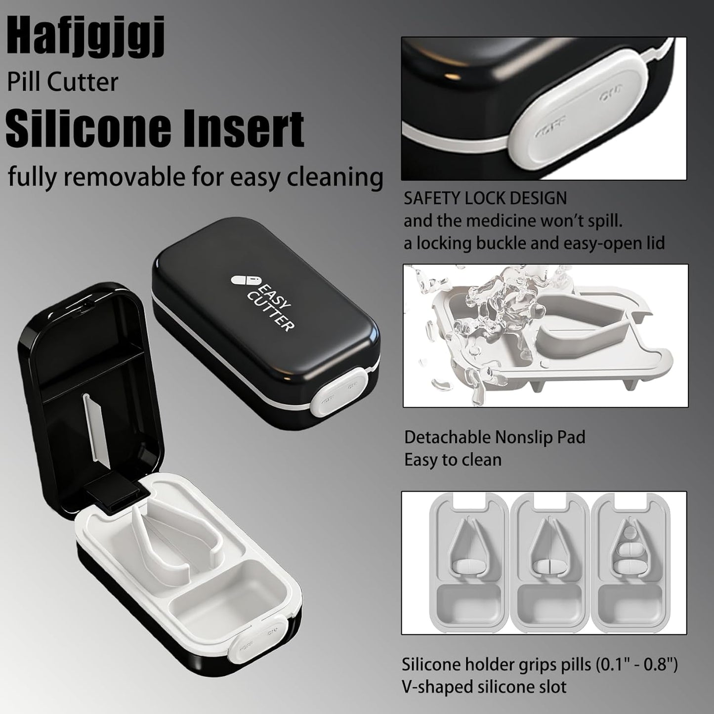 Pill Cutter Splitter for Small or Large Pills with Safety Lock - Accurate and Easy Travel-Friendly Design for Daily Use (Black)