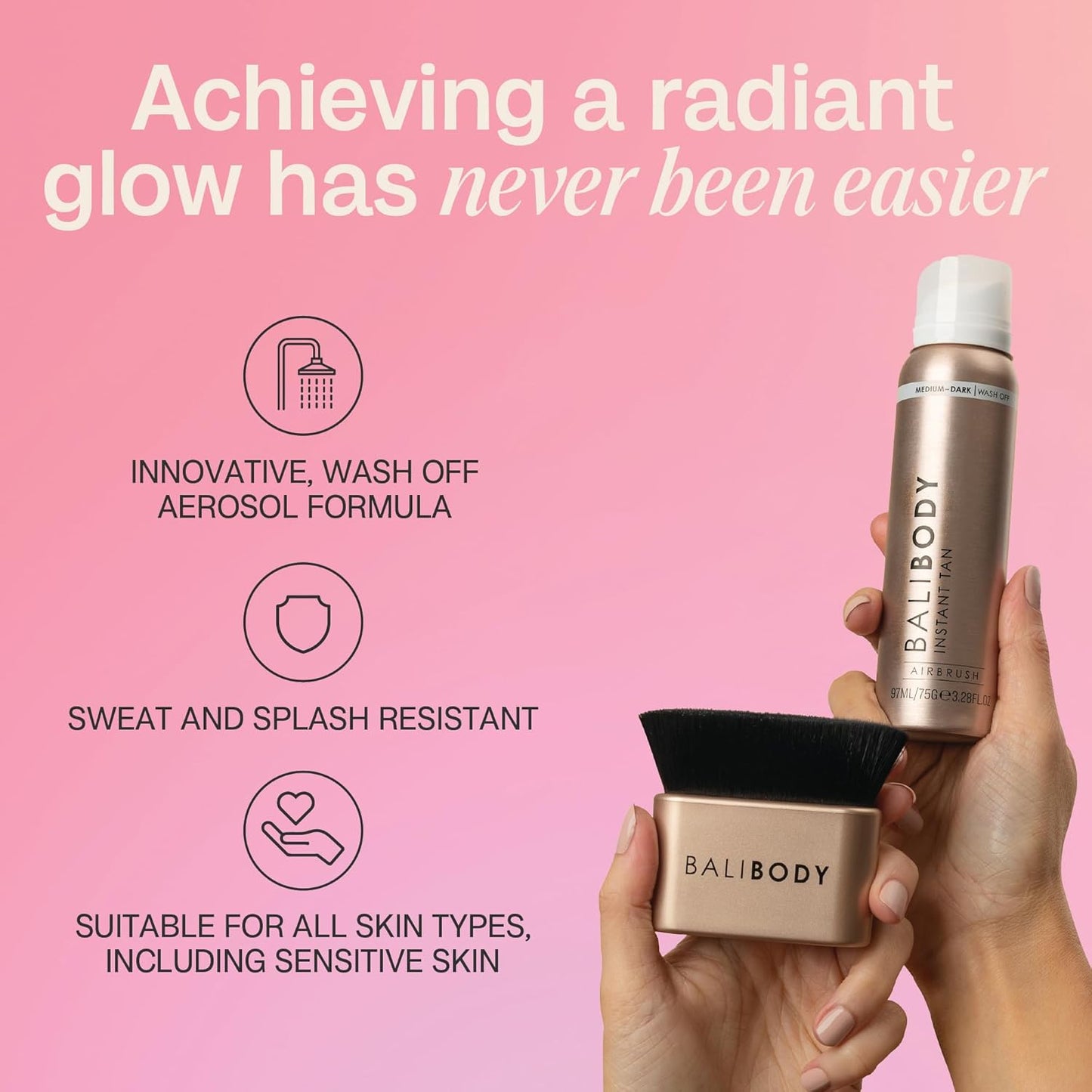 Bali Body Medium to Dark Instant Tan + Brush Bundle | Skin Perfecting Aerated Spray, Flawless Airbrushed Bronzed Finish + Washable Self-Tanning Reusable Accessory Tool | Vegan & Cruelty-Free