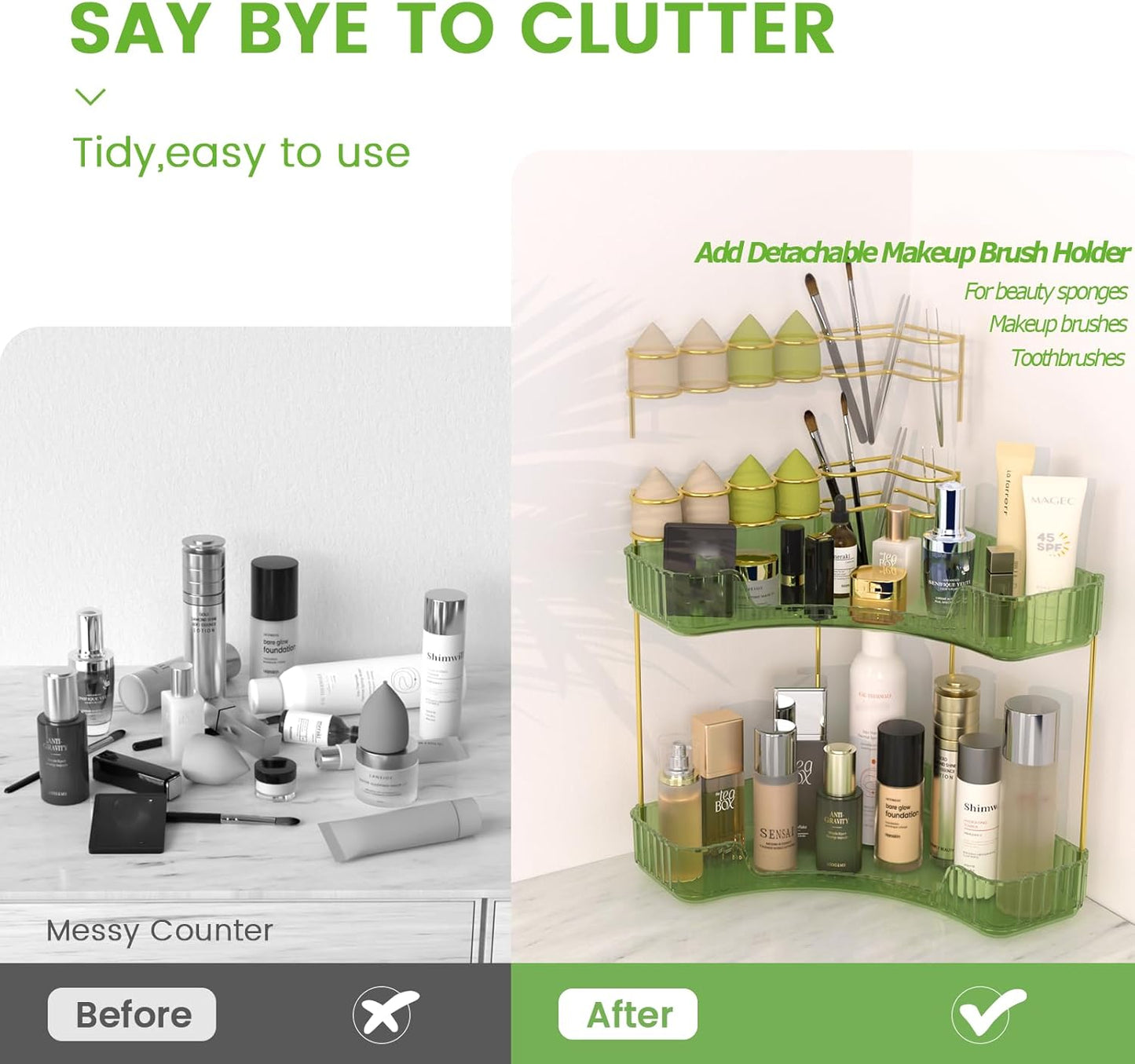 NATURE'S SOURCE Makeup Organizer for Vanity, 2-Tier Corner Bathroom Organizer Countertop with Makeup Brush Holder, Corner Counter Storage for Bathroom Dresser- Green